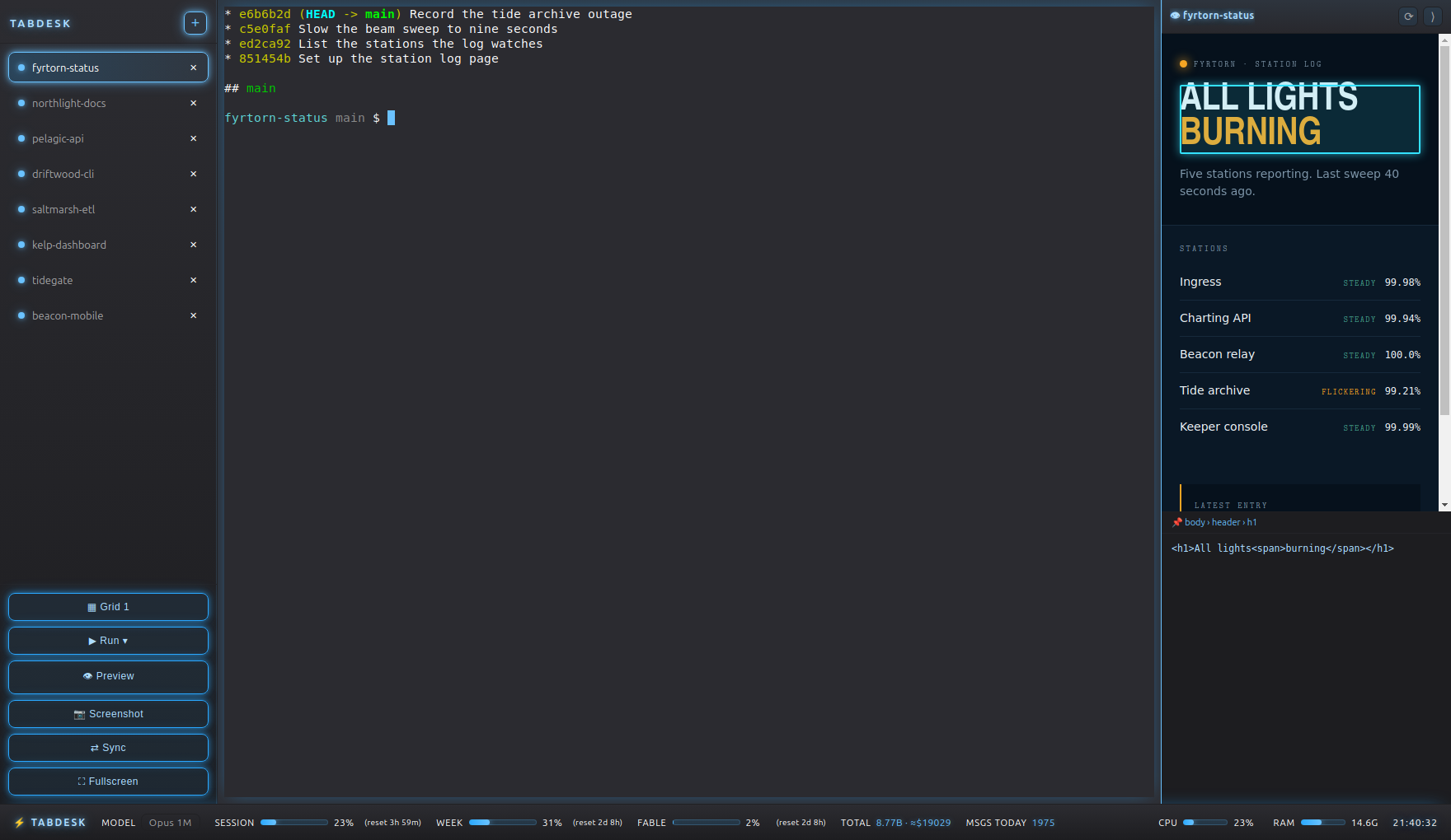 TabDesk with the tab rail on the left, a terminal in the middle and a live preview of the project on the right.